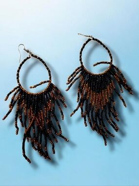 Handmade Beaded Fringe Hoop Earrings — Black & Copper ,Pow Wow ,tribal, Boho 🌵